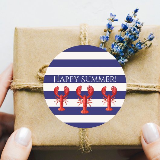 Happy Summer blue strips red lobsters Ronde Sticker