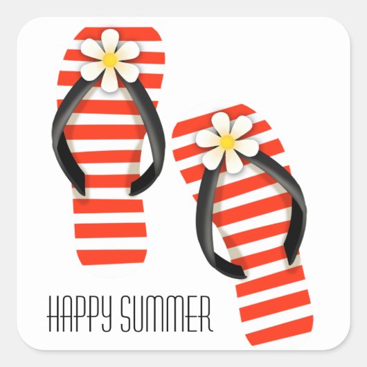 Happy Summer red en white striped teenslippers Vierkante Sticker (Voorkant)