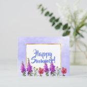 Happy Summer roze bloemen op wit goud en blauw Briefkaart (Staand voorkant)