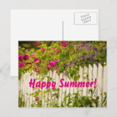 Happy Summer roze rozen florals white garden fence Briefkaart (Voorkant / Achterkant)