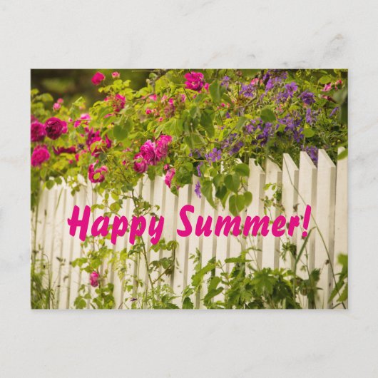 Happy Summer roze rozen florals white garden fence Briefkaart (Voorkant)