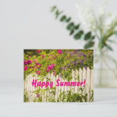 Happy Summer roze rozen florals white garden fence Briefkaart (Staand voorkant)