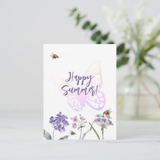 Happy Summer vlinder violet wildbloemen roze Briefkaart (Staand voorkant)