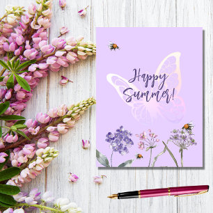 Happy Summer vlinder violet wildbloemen roze Briefkaart