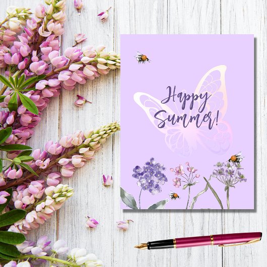 Happy Summer vlinder violet wildbloemen roze Briefkaart