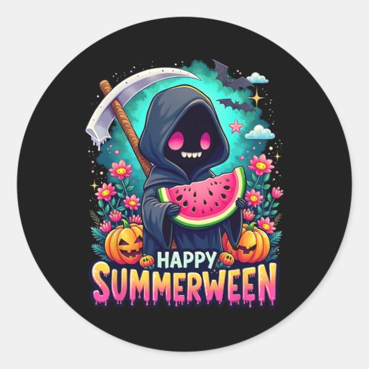 Happy Summerween Skeleton Jack-o-lantern Summer Wa Ronde Sticker (Voorkant)