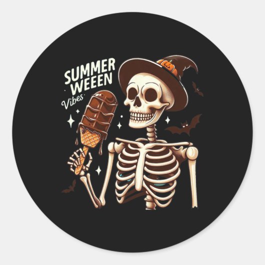 Happy Summerween Vibes Skeleton Ice Cream Summer H Ronde Sticker (Voorkant)
