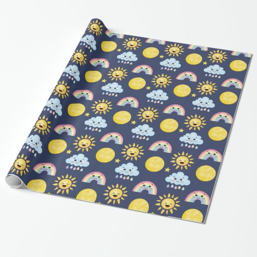 Happy Sun, Moon, Cloud en Rainbow Cadeaupapier (Uitgerold)