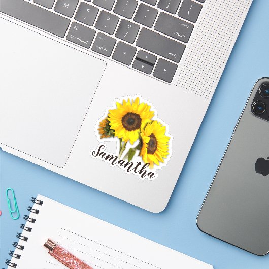 Happy Sunflower Naam Sticker (Laptop met iPhone)