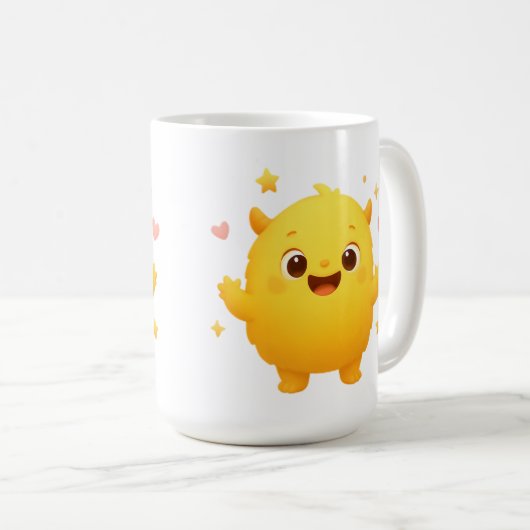 Happy Sunshine Monster Kids Mug — Cheerful Yellow Koffiemok (Voorkant rechts)