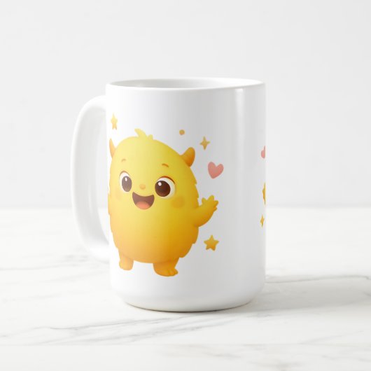 Happy Sunshine Monster Kids Mug — Cheerful Yellow Koffiemok (Voorkant links)