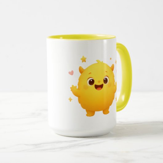 Happy Sunshine Monster Kids Mug — Cheerful Yellow Mok (Voorkant rechts)