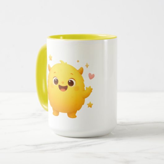 Happy Sunshine Monster Kids Mug — Cheerful Yellow Mok (Voorkant links)