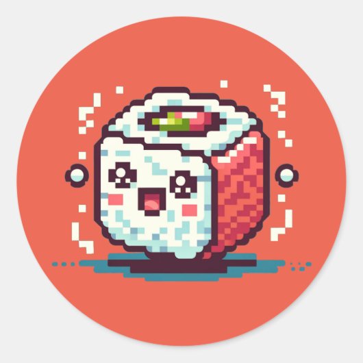 Happy Sushi Roll - Schattige Pixel Art Food Design Ronde Sticker (Voorkant)