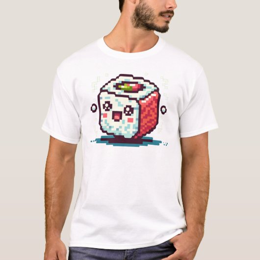 Happy Sushi Roll - Schattige Pixel Art Food Design T-shirt (Voorkant)