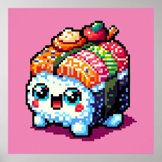 Happy Sushi Roll - Schattigee Pixel Art Japans ete Poster (Voorkant)
