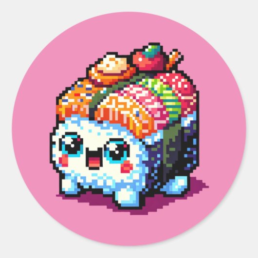 Happy Sushi Roll - Schattigee Pixel Art Japans ete Ronde Sticker (Voorkant)