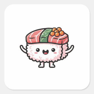 Happy Sushi Slice – Cute Kawaii Illustration Vierkante Sticker