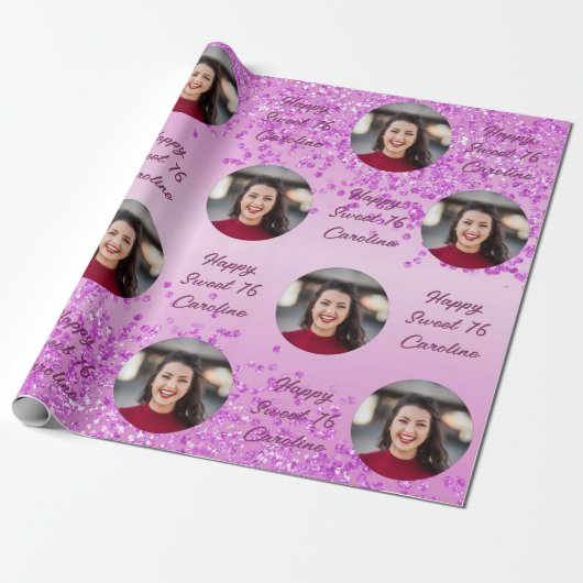 Happy Sweet 16 Vallende Roze Glitter & Foto Cadeaupapier (Uitgerold)