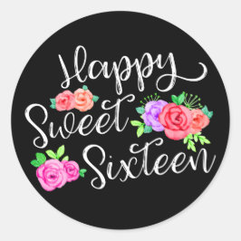 Happy Sweet 16 Verjaardags Meisje Edgy Rozen & Zwa Ronde Sticker
