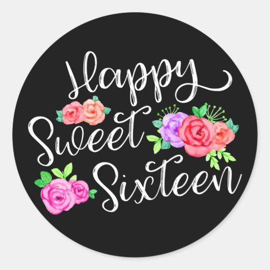 Happy Sweet 16 Verjaardags Meisje Edgy Rozen & Zwa Ronde Sticker (Voorkant)