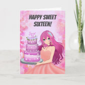 Happy Sweet Sixteen Anime Girl With Cake Kaart (Voorkant)