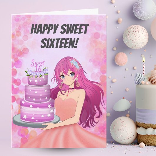 Happy Sweet Sixteen Anime Girl With Cake Kaart