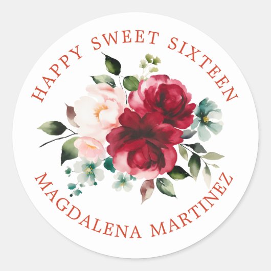 Happy Sweet Sixteen Floral Custom Envelope Seal Ronde Sticker (Voorkant)