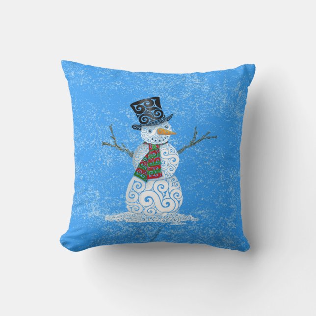 Happy Swirly Snowman Kussen (Voorkant)