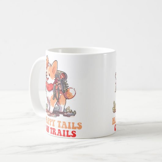 Happy Tails On Trails Funny Dog Trailing Camping L Koffiemok (Voorkant links)