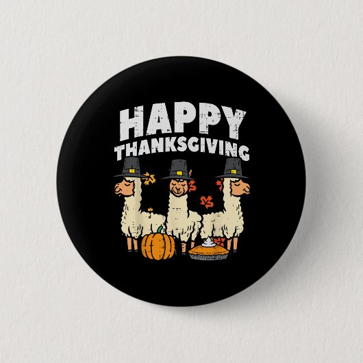 Happy Thanksgiving 3 Llama Herfst Autumn Alpaca Ma Ronde Button 5,7 Cm (Voorkant)