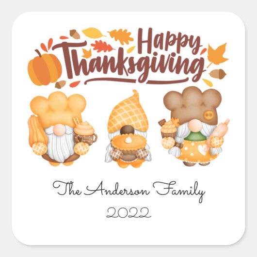 Happy Thanksgiving Aangepaste Schattigee Gnome Sti Vierkante Sticker (Voorkant)