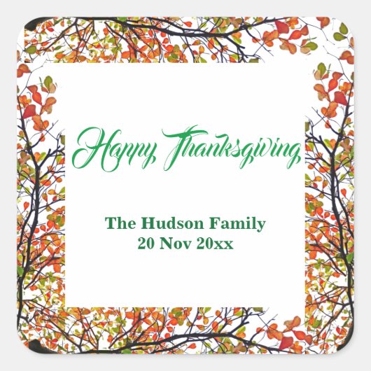 Happy Thanksgiving Autumn Herfst Foliage Vierkante Sticker (Voorkant)