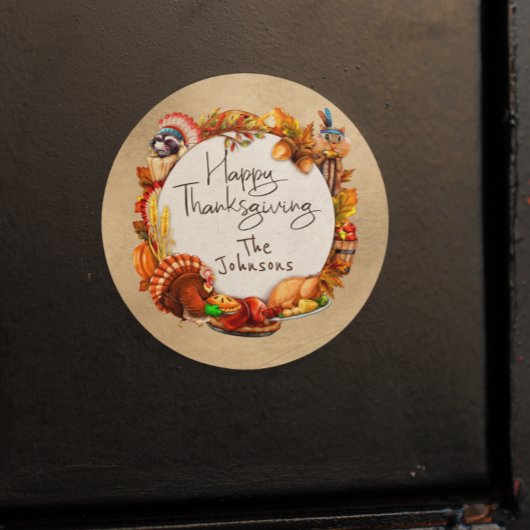 Happy Thanksgiving Autumn Leaf Wreath Monogram Ronde Sticker