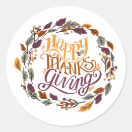 Happy Thanksgiving Autumn Leaf Wreath Typografie Ronde Sticker