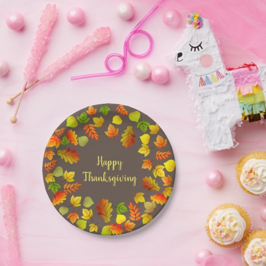 Happy Thanksgiving Autumn Leaves op Brown Papieren Bordje (Feest)