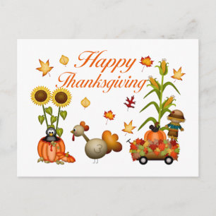Happy Thanksgiving Autumn Leaves Pumpkin & Turkey Feestdagenkaart