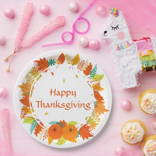 Happy Thanksgiving Autumn Leaves Wreath Papieren Bordje (Feest)