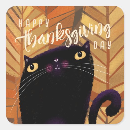 Happy Thanksgiving Black Cat Autumn Herfst Vierkante Sticker (Voorkant)
