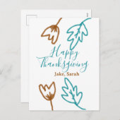 Happy Thanksgiving blauw bruin vallen bladeren blo Feestdagenkaart (Voorkant / Achterkant)