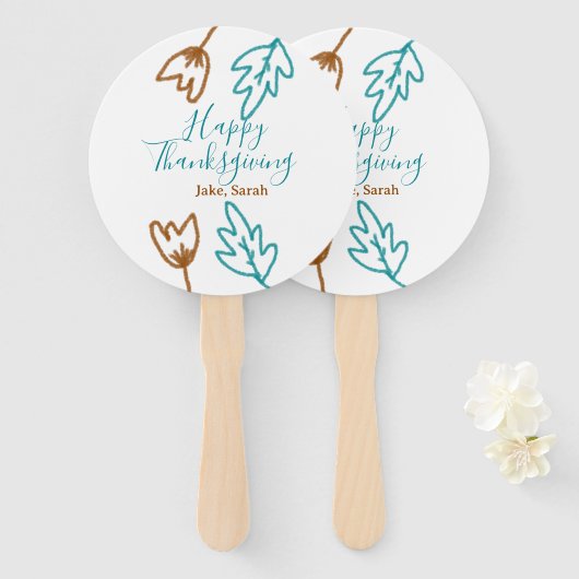 Happy Thanksgiving blauw bruin vallen bladeren blo Handwaaier (Voorkant en achterkant)