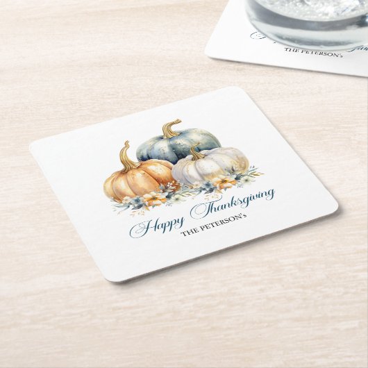 Happy Thanksgiving Blauw Sinaasappel Gouden Pompoe Kartonnen Onderzetters (Schuin)