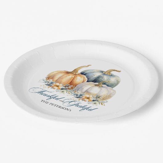 Happy Thanksgiving Blauw Sinaasappel Gouden Pompoe Papieren Bordje (Gekanteld)