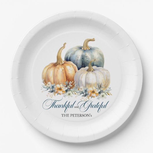 Happy Thanksgiving Blauw Sinaasappel Gouden Pompoe Papieren Bordje (Voorkant)