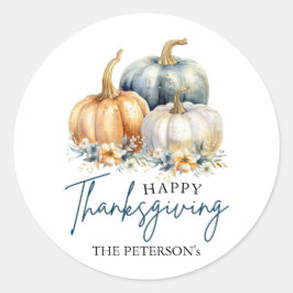Happy Thanksgiving Blauw Sinaasappel Gouden Pompoe Ronde Sticker
