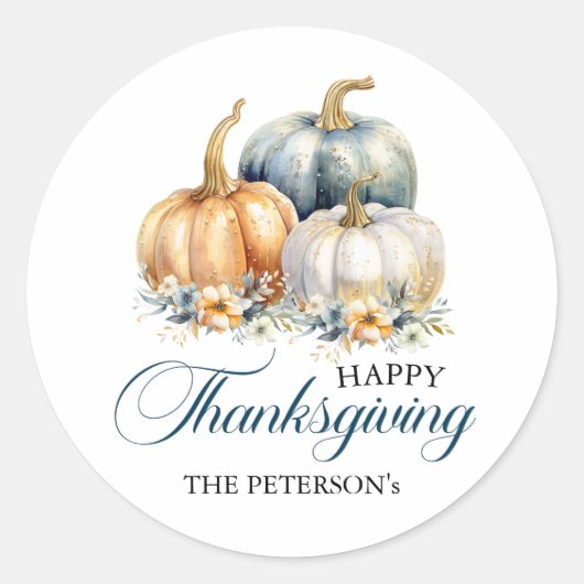 Happy Thanksgiving Blauw Sinaasappel Gouden Pompoe Ronde Sticker (Voorkant)