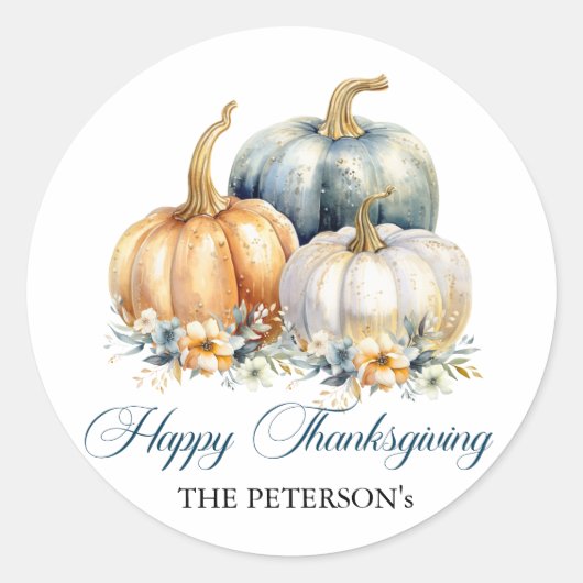 Happy Thanksgiving Blauw Sinaasappel Gouden Pompoe Ronde Sticker (Voorkant)