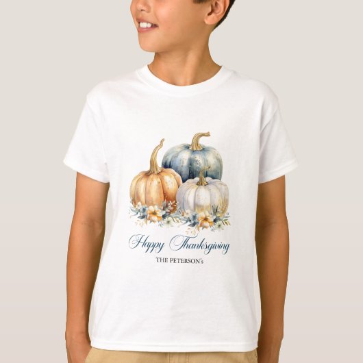 Happy Thanksgiving Blauw Sinaasappel Gouden Pompoe T-shirt (Voorkant)