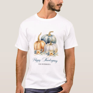 Happy Thanksgiving Blauw Sinaasappel Gouden Pompoe T-shirt