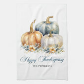 Happy Thanksgiving Blauw Sinaasappel Gouden Pompoe Theedoek (Verticaal)